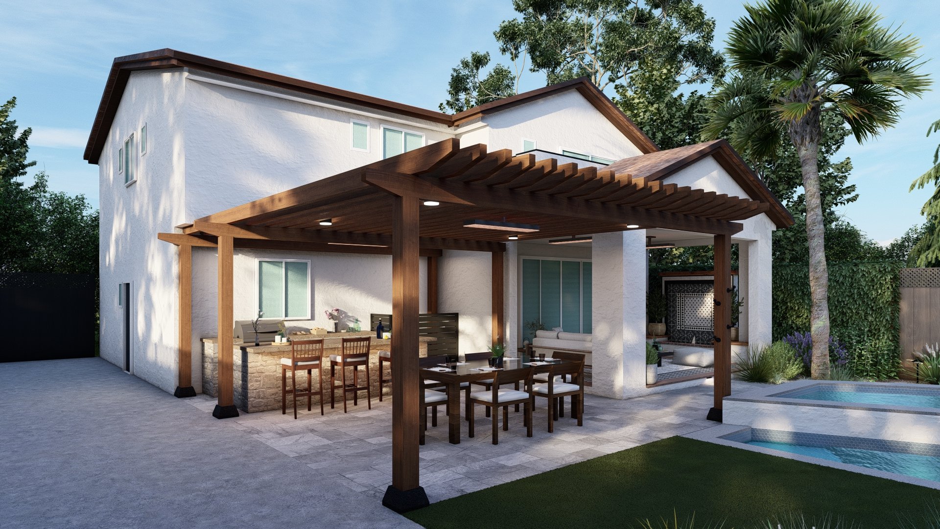 Beautiful outdoor living space with pergola and pool by Endurance Hardscaping in South Florida