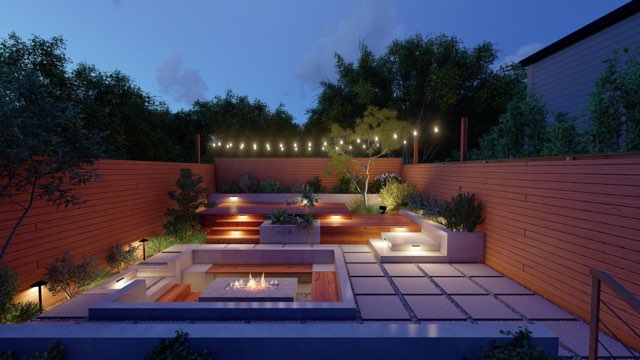 Modern outdoor living space with fire feature and lighting